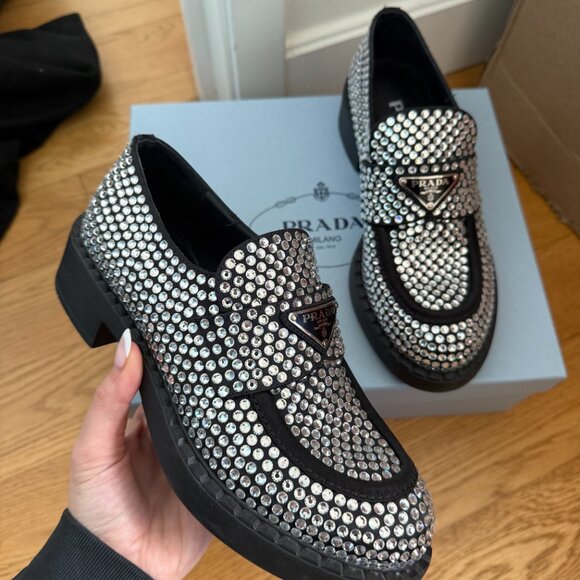 Prada Loafers Black Satin Crystal Embellished Metal Triangle Logo Sz 37 - Picture 4 of 14